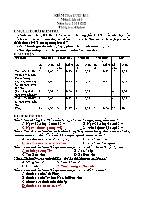 Đề kiểm tra cuối kì 1 môn Lịch sử Lớp 9 - Năm học 2021-2022 (Có đáp án)